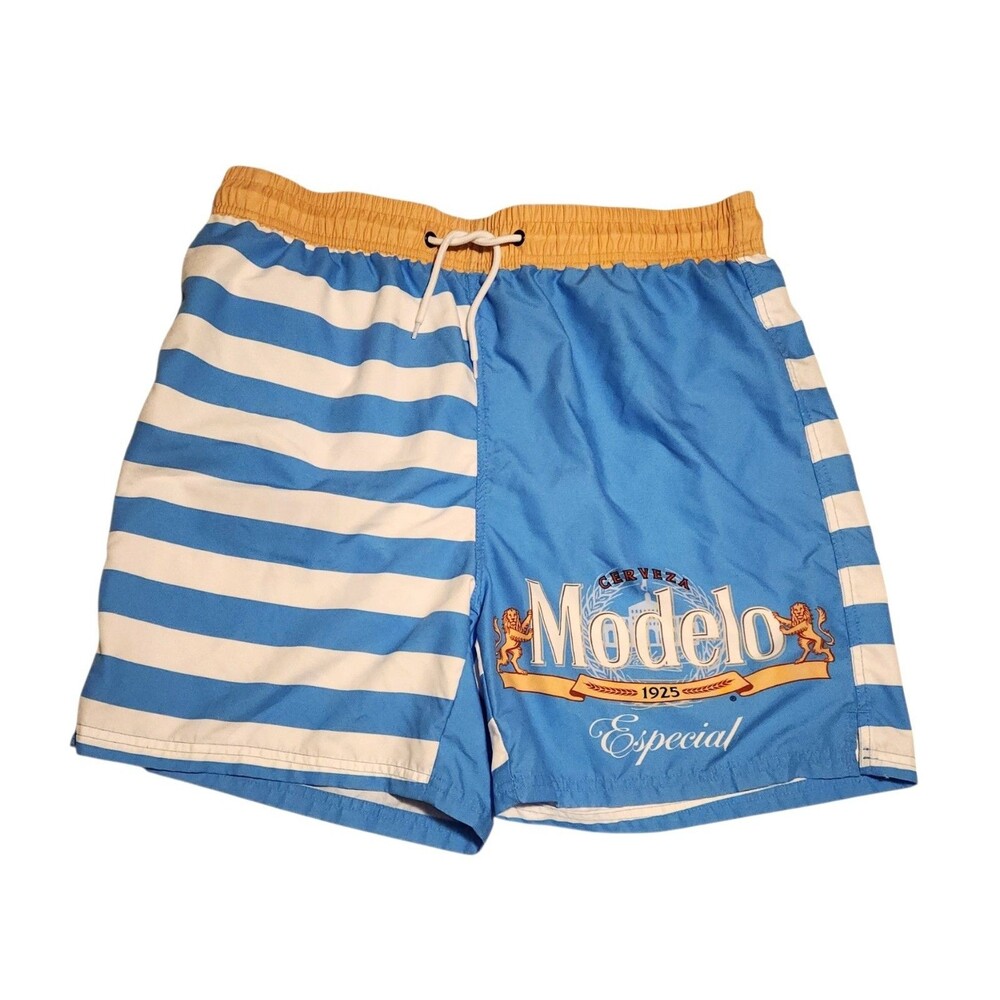 Modelo Swim Trunks Drawstring Lined Lt. Blue White Stripe Size L Mexican Beer